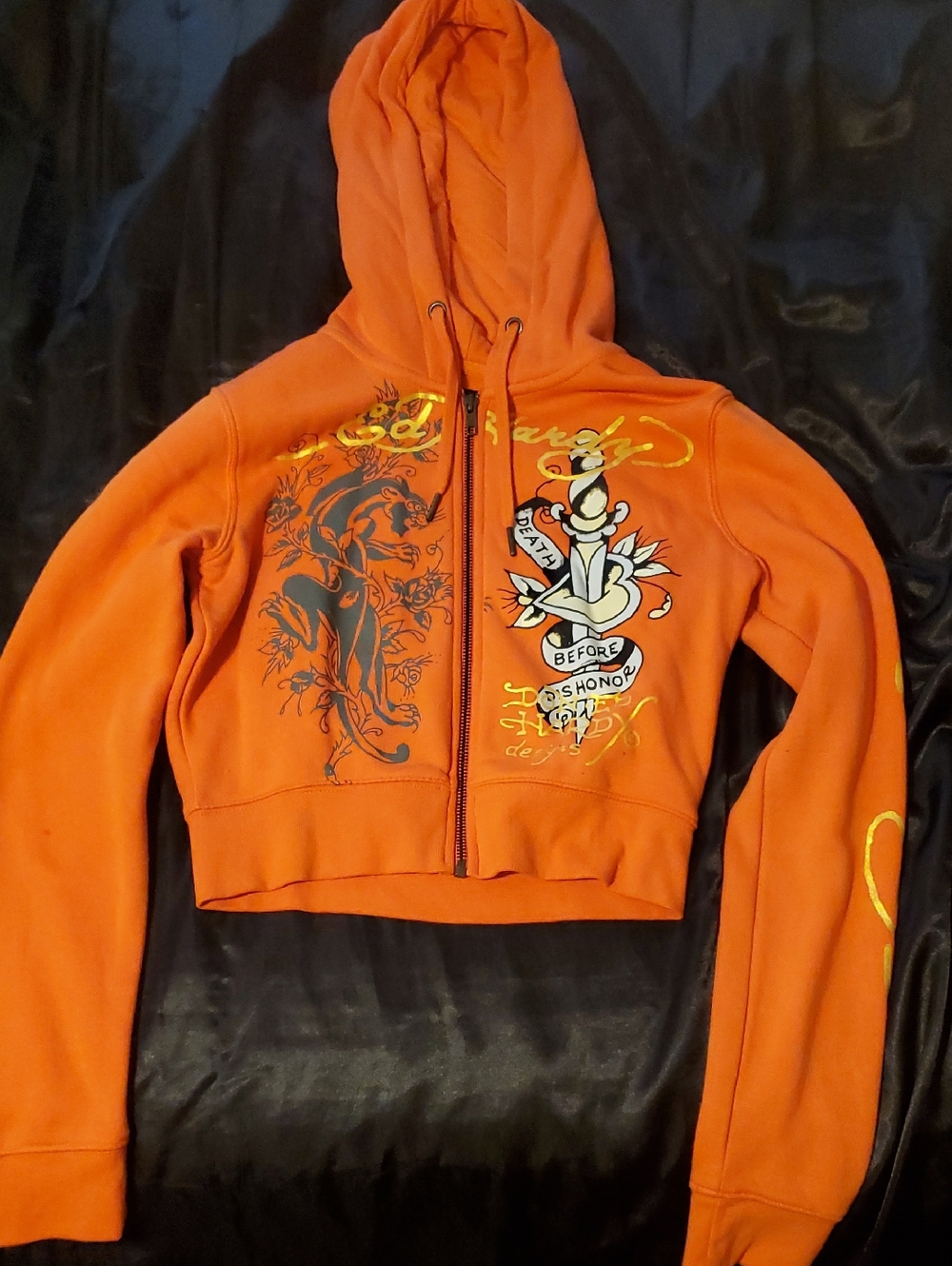 Ed Hardy Orange Cropped Graphic Zip Hoodie